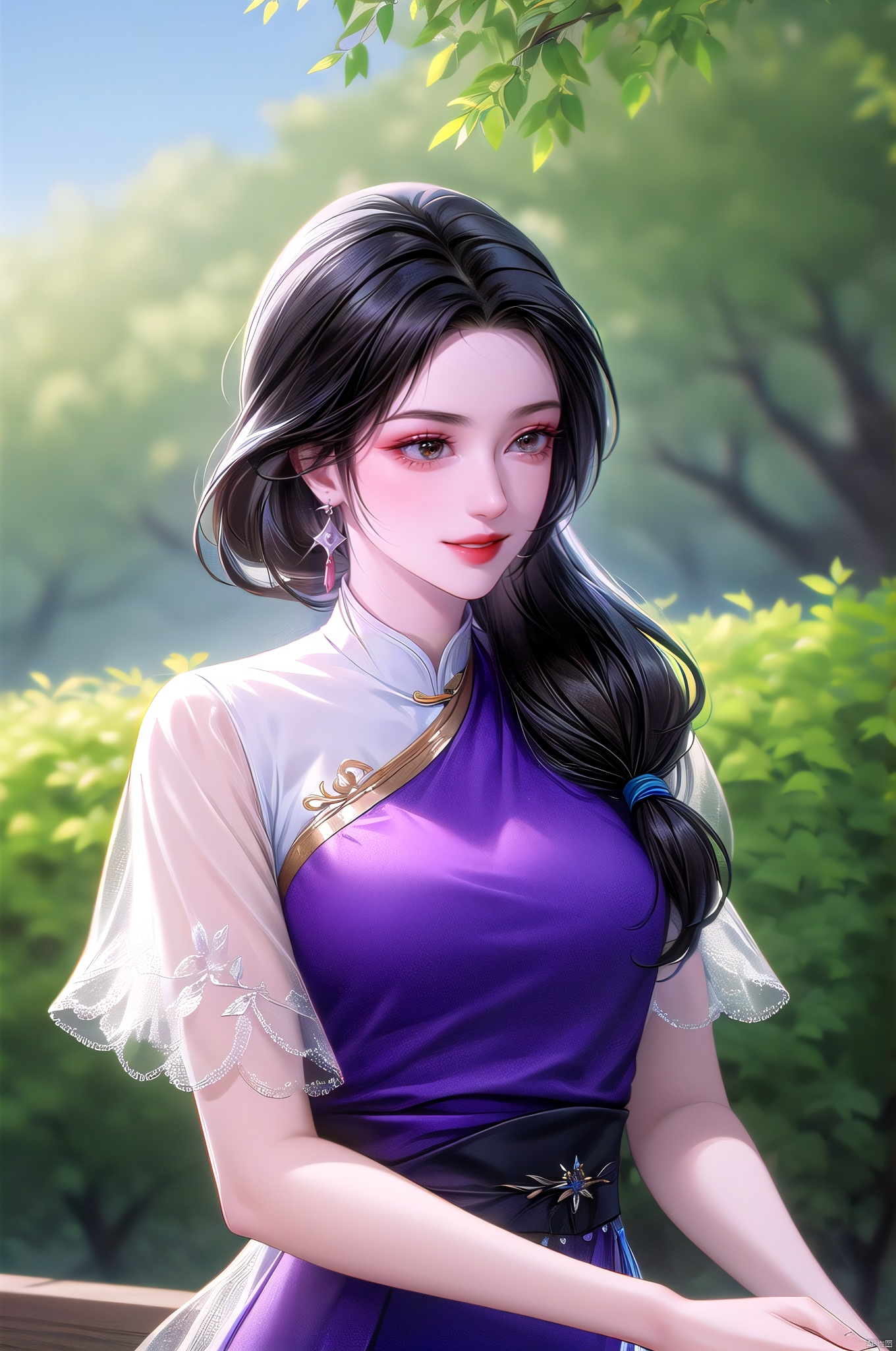 Yueru, 1girl, solo, long hair, jewelry, outdoors, smile, upper body, brown hair, earrings, short sleeves, brown eyes, hair over shoulder, looking down, tree
