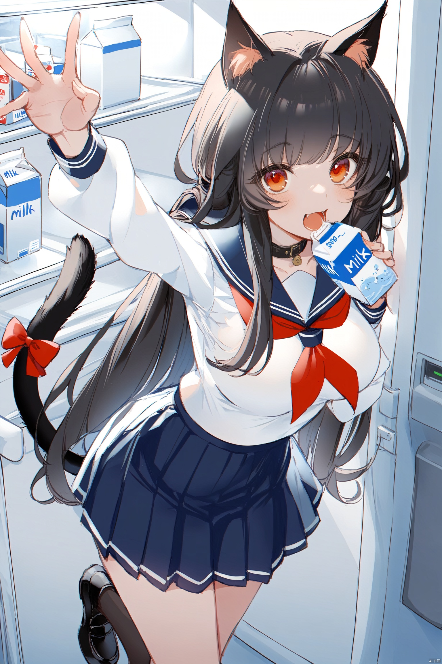 1girl, solo, long hair, breasts, looking at viewer, blush, smile, open mouth, bangs, skirt, shirt, black hair, red eyes, long sleeves, bow, animal ears, very long hair, school uniform, standing, tail, white shirt, :d, pleated skirt, shoes, serafuku, fang, indoors, cat ears, black skirt, sailor collar, off shoulder, black footwear, arm up, collar, from side, cat tail, mouth hold, cat girl, tail ornament, tail ribbon, tail bow, refrigerator, milk carton