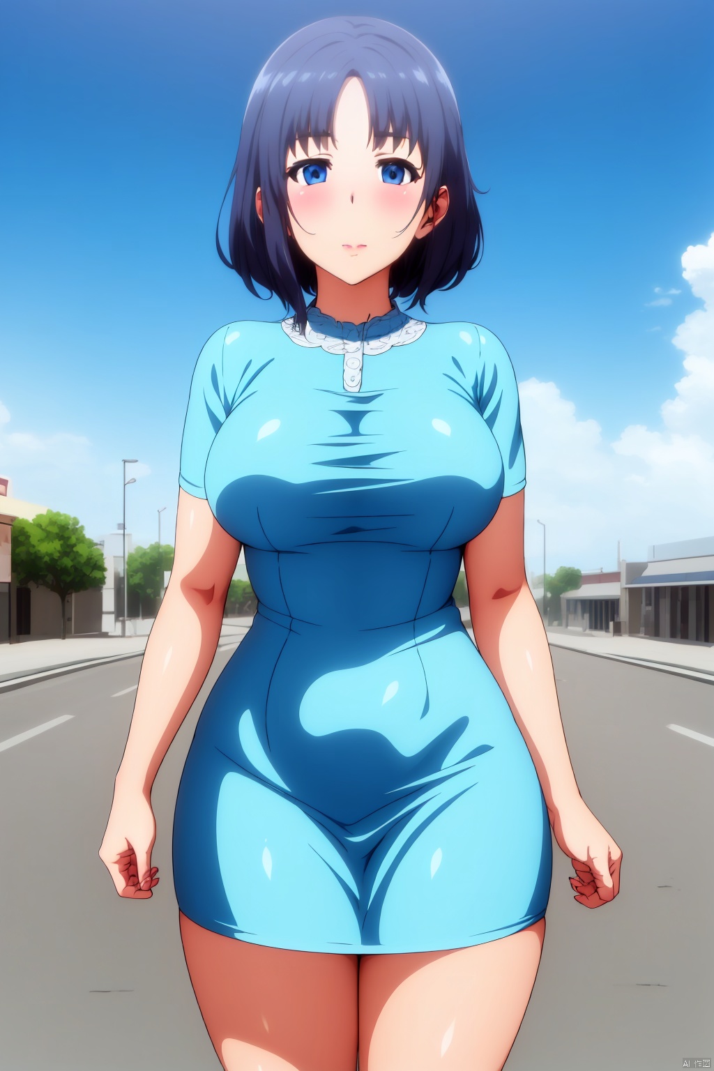  "(best quality),(ultra detailed),(clean face),(beautiful face),(smooth skin),(high quality),(fine texture),(unparalleled masterpiece),(surreal 8k)" ,ym  1girl  solo  breasts  looking at viewer  blush  bangs  blue eyes  large breasts  black hair  dress  closed mouth  standing  short sleeves  thighs  lips  blue dress  short dress, seductive eyes,outdoors,sky,day,blue sky,shore,