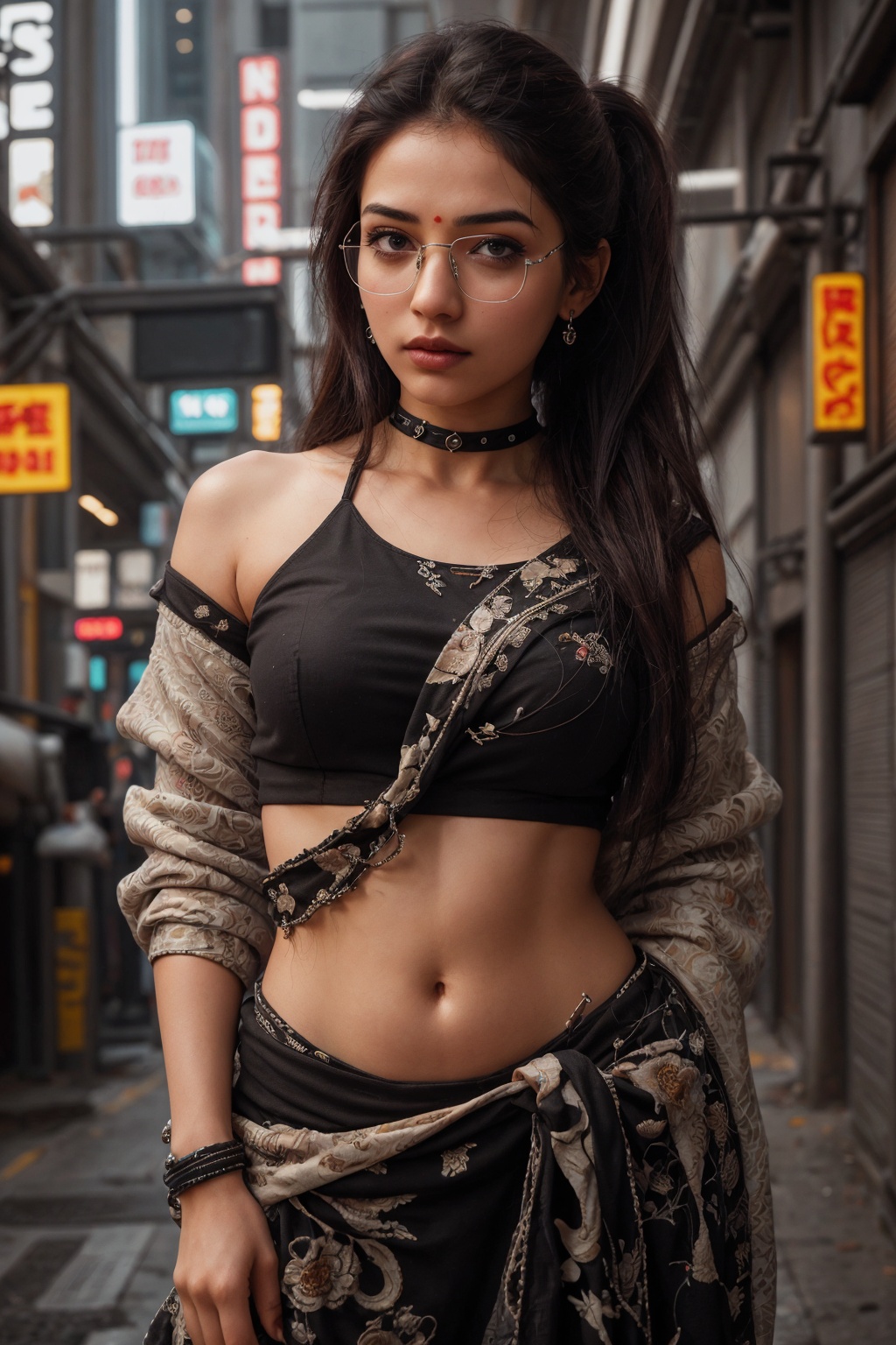 Saree, Cyberpunk,1girl,solo,long hair ,yellow saree, 1girl, 18 year old, eye glasses, mallu twin tail ponytail:2, ,blurry,neon lights,looking at viewer,cyberpunk,black hair,blurry background,parted lips,lips,upper body,depth of field,science fiction,jacket,outdoors,black eyes,1girl,best quality,masterpiece,illustration,an extremely delicate and beautiful,CG,unity,8k wallpaper,realistic,Amazing,finely detail,masterpiece,official art,extremely detailed CG unity 8k wallpaper,incredibly absurdres,huge filesize,ultra-detailed,highres,extremely detailed,beautiful detailed girl,,Cyberpunk girl,CyberpunkWorld,25yo girl,Saree,Mallu,18 years old mallu girl