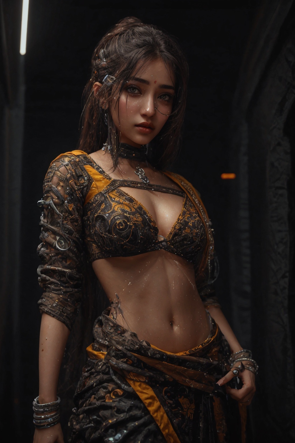 Sari, saree:1, traditional saree Indian girl, Saree hot, Saree:2, Cyberpunk,1girl,solo,long hair ,yellow saree, navel, 1girl, 18 year old, eye glasses, mallu twin tail ponytail:2, ,blurry,neon lights,looking at viewer,cyberpunk,black hair,blurry background,parted lips,lips,upper body,depth of field,science fiction,jacket,outdoors,black eyes,1girl,best quality,masterpiece,illustration,an extremely delicate and beautiful,CG,unity,8k wallpaper,realistic,Amazing,finely detail,masterpiece,official art,extremely detailed CG unity 8k wallpaper,incredibly absurdres,huge filesize,ultra-detailed,highres,extremely detailed,beautiful detailed girl,,Cyberpunk girl,CyberpunkWorld,25yo girl,Saree,Mallu,18 years old mallu girl,Alien species with face glow skin spot