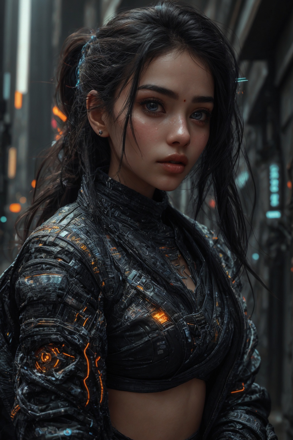 Saree, Cyberpunk,1girl,solo,long hair ,yellow saree, 1girl, 18 year old, eye glasses, mallu twin tail ponytail:2, ,blurry,neon lights,looking at viewer,cyberpunk,black hair,blurry background,parted lips,lips,upper body,depth of field,science fiction,jacket,outdoors,black eyes,1girl,best quality,masterpiece,illustration,an extremely delicate and beautiful,CG,unity,8k wallpaper,realistic,Amazing,finely detail,masterpiece,official art,extremely detailed CG unity 8k wallpaper,incredibly absurdres,huge filesize,ultra-detailed,highres,extremely detailed,beautiful detailed girl,,Cyberpunk girl,CyberpunkWorld,25yo girl,Saree,Mallu,18 years old mallu girl,Alien species with face glow skin spot