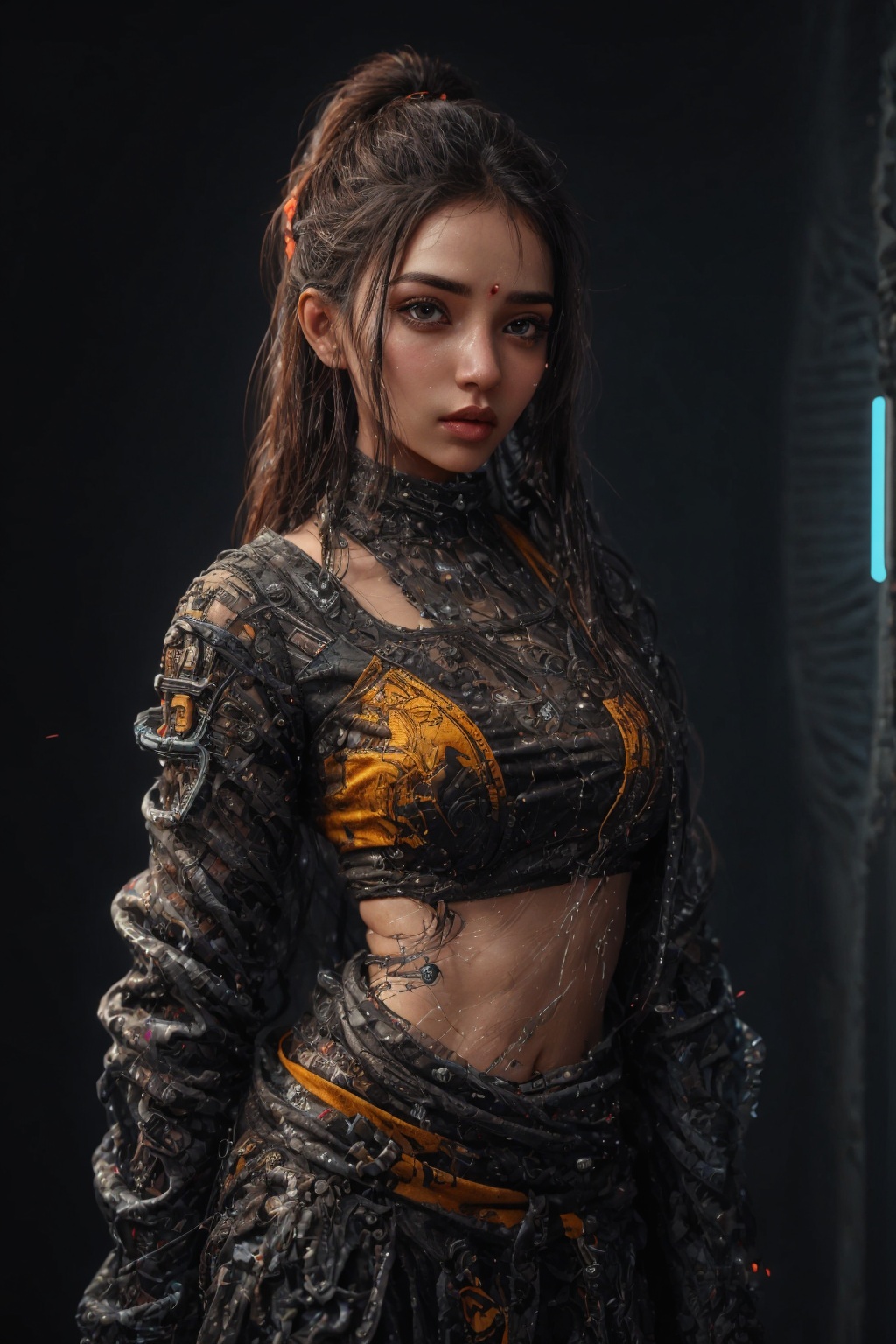 Sari, saree:1, traditional saree Indian girl, Saree hot, Saree:2, Cyberpunk,1girl,solo,long hair ,yellow saree, 1girl, 18 year old, eye glasses, mallu twin tail ponytail:2, ,blurry,neon lights,looking at viewer,cyberpunk,black hair,blurry background,parted lips,lips,upper body,depth of field,science fiction,jacket,outdoors,black eyes,1girl,best quality,masterpiece,illustration,an extremely delicate and beautiful,CG,unity,8k wallpaper,realistic,Amazing,finely detail,masterpiece,official art,extremely detailed CG unity 8k wallpaper,incredibly absurdres,huge filesize,ultra-detailed,highres,extremely detailed,beautiful detailed girl,,Cyberpunk girl,CyberpunkWorld,25yo girl,Saree,Mallu,18 years old mallu girl,Alien species with face glow skin spot