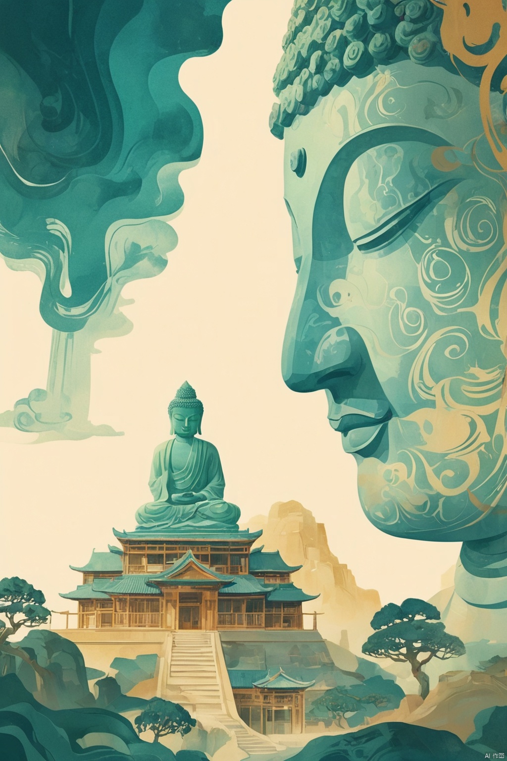  Buddha, architecture, ancient Temple, （double exposure：1.3）, flat illustration, Oriental aesthetics, Dunhuang art style