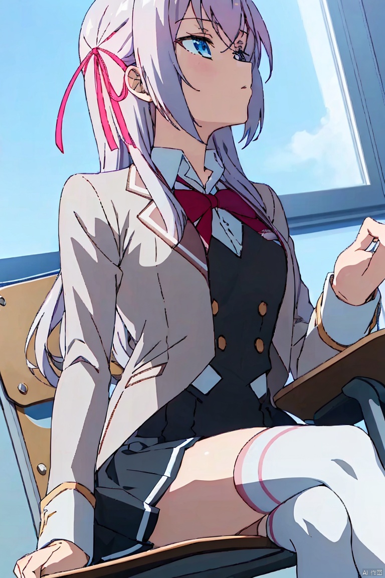 1girl, solo, long hair, bangs, blue eyes, skirt, thighhighs, long sleeves, bow, ribbon, sitting, school uniform, jacket, hair ribbon, pink hair, indoors, white thighhighs, red ribbon, window, chair, blazer, crossed legs, desk, classroom, school desk