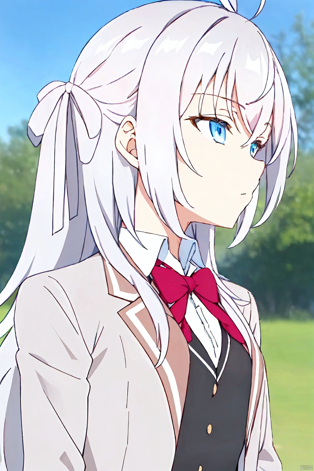 1girl, solo, long hair, bangs, blue eyes, shirt, bow, school uniform, jacket, white shirt, upper body, ahoge, white hair, outdoors, sky, day