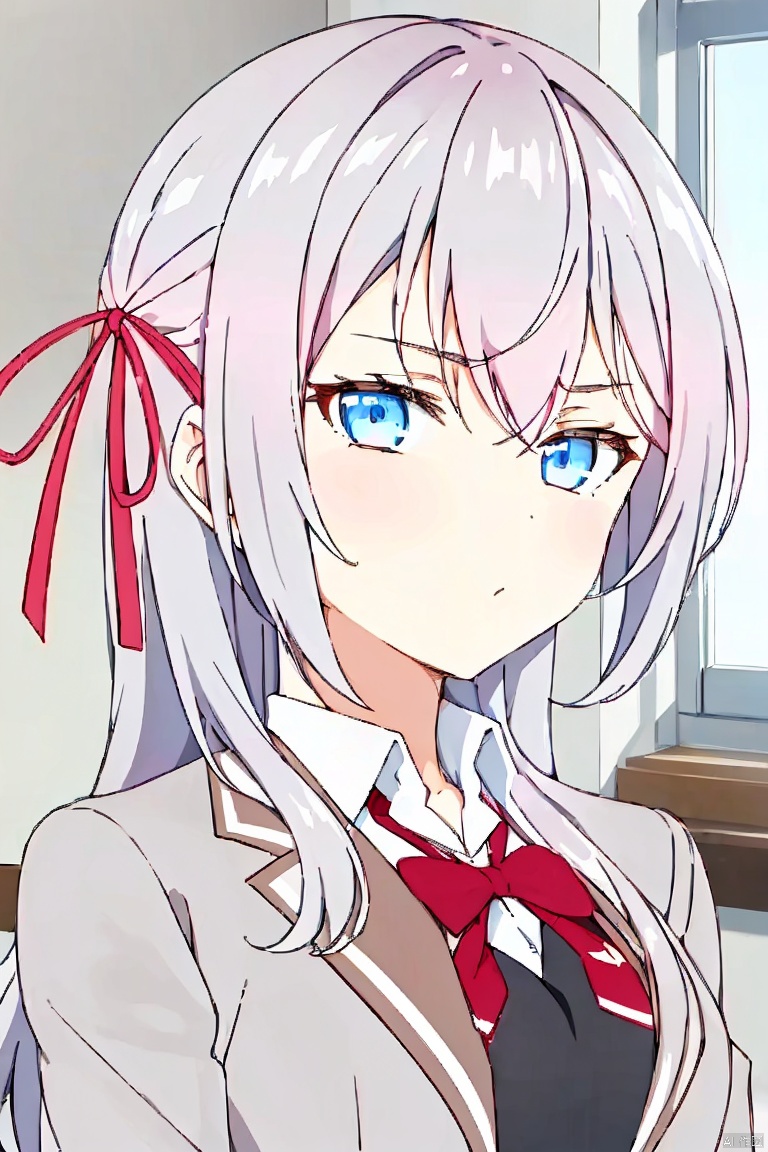 1girl, solo, long hair, looking at viewer, bangs, blue eyes, shirt, bow, ribbon, school uniform, jacket, hair ribbon, white shirt, upper body, pink hair, collared shirt, indoors, bowtie, vest, red bow, red ribbon, window, expressionless, blazer, desk, classroom