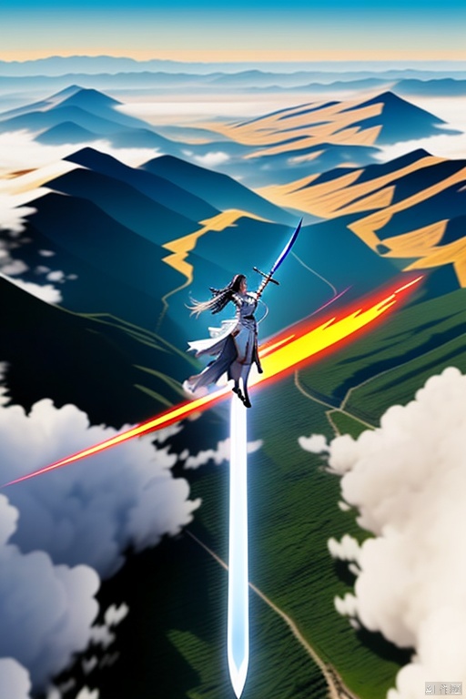  A huge flying sword flies at High speed with its tip horizontally and horizontally to the left., flying parallel to the horizontal plane,Suspend horizontally in the air,

,it is 0.3 meter wide and 2 meters long.
Next to the green mountains.

A beautiful and gentle girl Stand at it,She stood with her legs together.,She was dressed in white gauze,She is 1.68 meters tall,Her hands bend naturally.Her arms are naturally on her legs.
Watch the flying sword from a distance, she is small., 
view_from_above




(yujian_fly is 0.3 meter wide and 2 meters long ), yujian_fly