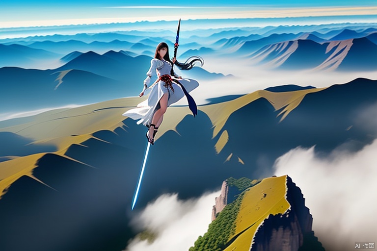  A huge flying sword flies at High speed with its tip horizontally and horizontally to the left., flying parallel to the horizontal plane,Suspend horizontally in the air,

,it is 0.3 meter wide and 2 meters long.
Next to the green mountains.

A beautiful and gentle girl Stand at it,She stood with her legs together.,She was dressed in white gauze,She is 1.68 meters tall,Her hands bend naturally.Her arms are naturally on her legs.
Watch the flying sword from a distance, she is small., 
view_from_above




(yujian_fly  is 0.3 meter wide and 2 meters long )