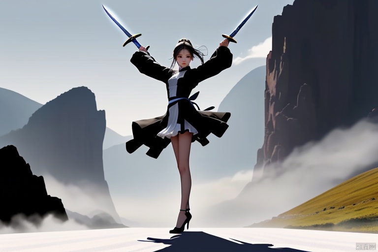  A huge flying sword flies at High speed with its tip horizontally and horizontally to the left., flying parallel to the horizontal plane,Suspend horizontally in the air,

,it is 0.3 meter wide and 2 meters long.
Next to the green mountains.

A beautiful and gentle girl Stand at the sword ,She stood with her legs together.,She was dressed in white gauze,She is 1.68 meters tall,Her hands bend naturally.Her arms are naturally on her legs.
Watch the flying sword from a distance, she is so small., 


(yujian_fly)