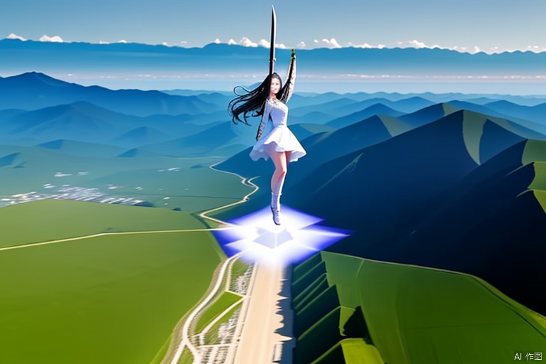  A huge flying sword flies at High speed with its tip horizontally and horizontally to the left., flying parallel to the horizontal plane,Suspend horizontally in the air,

,it is 0.3 meter wide and 2 meters long.
Next to the green mountains.

A beautiful and gentle girl Stand at it,She stood with her legs together.,She was dressed in white gauze,She is 1.68 meters tall,Her hands bend naturally.Her arms are naturally on her legs.
Watch the flying sword from a distance, she is small., 
view_from_above




(yujian_fly)