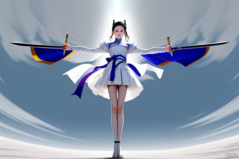  A huge flying sword flies at High speed with its tip horizontally and horizontally to the left., flying parallel to the horizontal plane,Suspend horizontally in the air,

,it is 0.3 meter wide and 2 meters long.

A beautiful and gentle girl Stand at the sword ,She stood with her legs together.,She was dressed in white gauze,She is 1.68 meters tall,Her hands bend naturally.Her arms are naturally on her legs.
Watch the flying sword from a distance, she is so small., 


(yujian_fly)