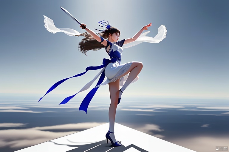  A huge flying sword flies at High speed with its tip horizontally and horizontally to the left., flying parallel to the horizontal plane,Suspend horizontally in the air,

,it is 0.3 meter wide and 2 meters long.

A beautiful and gentle girl Stand at the sword ,She stood with her legs together.,She was dressed in white gauze,She is 1.68 meters tall,Her hands bend naturally.Her arms are naturally on her legs.
Watch the flying sword from a distance, she is so small., 


(yujian_fly)