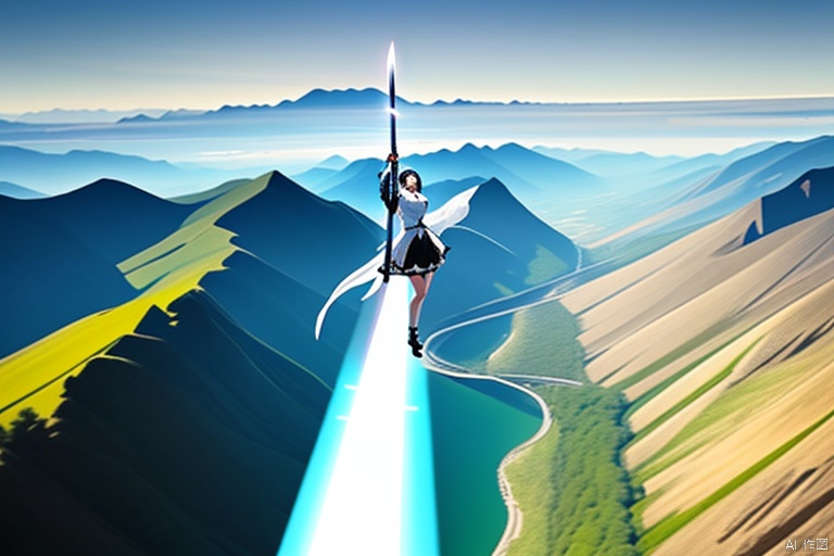  A huge flying sword flies at High speed with its tip horizontally and horizontally to the left., flying parallel to the horizontal plane,Suspend horizontally in the air,

,it is 0.3 meter wide and 2 meters long.
Next to the green mountains.

A beautiful and gentle girl Stand at it,She stood with her legs together.,She was dressed in white gauze,She is 1.68 meters tall,Her hands bend naturally.Her arms are naturally on her legs.
Watch the flying sword from a distance, she is so small., 
view_from_above




(yujian_fly)