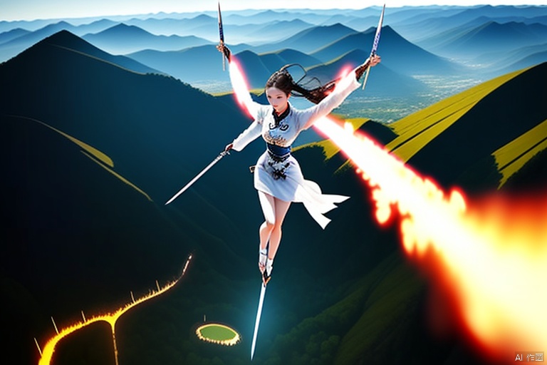  A huge flying sword flies at High speed with its tip horizontally and horizontally to the left., flying parallel to the horizontal plane,Suspend horizontally in the air,

,it is 0.3 meter wide and 2 meters long.
Next to the green mountains.

A beautiful and gentle girl Stand at it,She stood with her legs together.,She was dressed in white gauze,She is 1.68 meters tall,Her hands bend naturally.Her arms are naturally on her legs.
Watch the flying sword from a distance, she is  small., 
view_from_above




(yujian_fly)