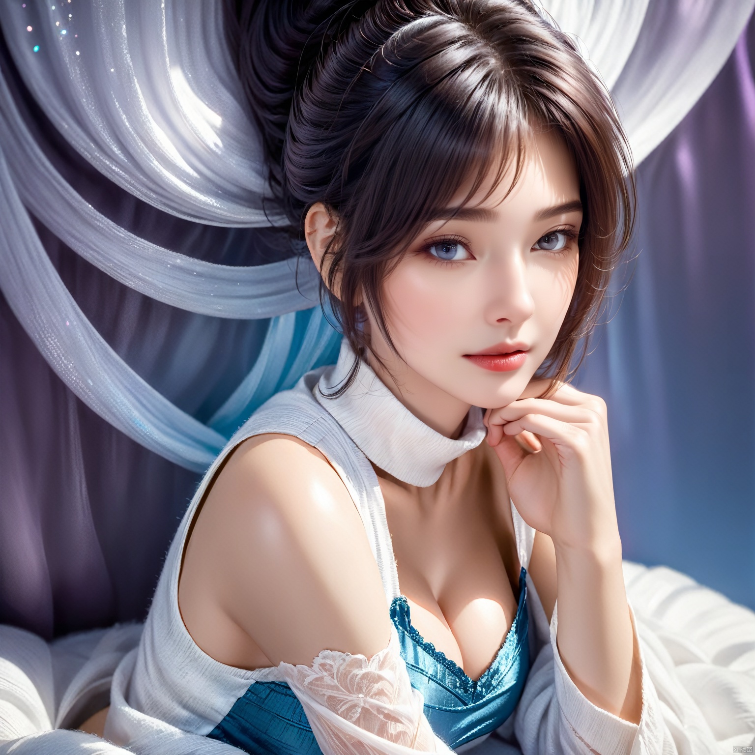 (((extremely detailed CG))), ((8k_wallpaper)), 16k photo, best quality, high resolution, hyper detailed, (( (perfect detail, perfect photo))), Intricate and refined delicate details, clean photo, Parallel angle photo, Parallel angle, beautiful detailed hair, beautiful silky hair, soft make up, depth of field, high detailed face, high detailed beautiful eyes, looking_at_viewer, facing_viewer, front, action, big tits, perfect figners, perfect, 5_figner,1girl, solo, psychedelic purple and blue colors background, studio, Light shining on face, Light up the front of the character, front lighting, realhands, 1girl, mature female, large breasts, huge breasts, skindentation, Fake breasts, slender figure, thin thighs, red lips, mole under mouth, black hair, bangs, hair ornament, ZDreamT1, crop_top, white vest, black skirt, white sweater, pantyhose,