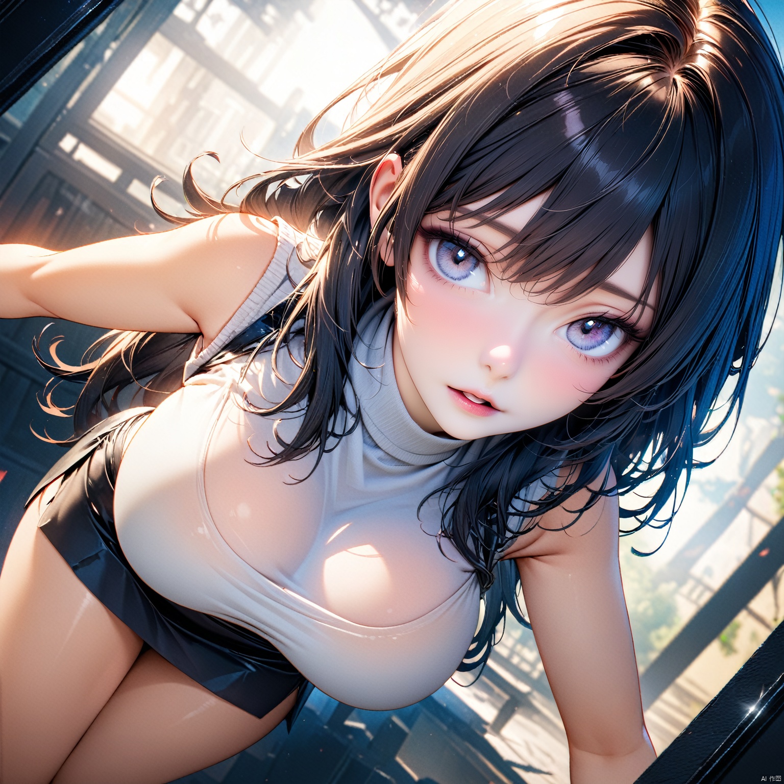(((extremely detailed CG))), ((8k_wallpaper)), 16k photo, best quality, high resolution, hyper detailed, (( (perfect detail, perfect photo))), Intricate and refined delicate details, clean photo, Parallel angle photo, Parallel angle, beautiful detailed hair, beautiful silky hair, soft make up, depth of field, high detailed face, high detailed beautiful eyes, looking_at_viewer, facing_viewer, front, action, big tits, perfect figners, perfect, 5_figner,1girl, solo, psychedelic purple and blue colors background, studio, Light shining on face, Light up the front of the character, front lighting, realhands, 1girl, mature female, large breasts, huge breasts, skindentation, Fake breasts, slender figure, thin thighs, mole under mouth, black hair, bangs, hair ornament, ZDreamT1, crop_top, white vest, black skirt, white sweater, pantyhose,