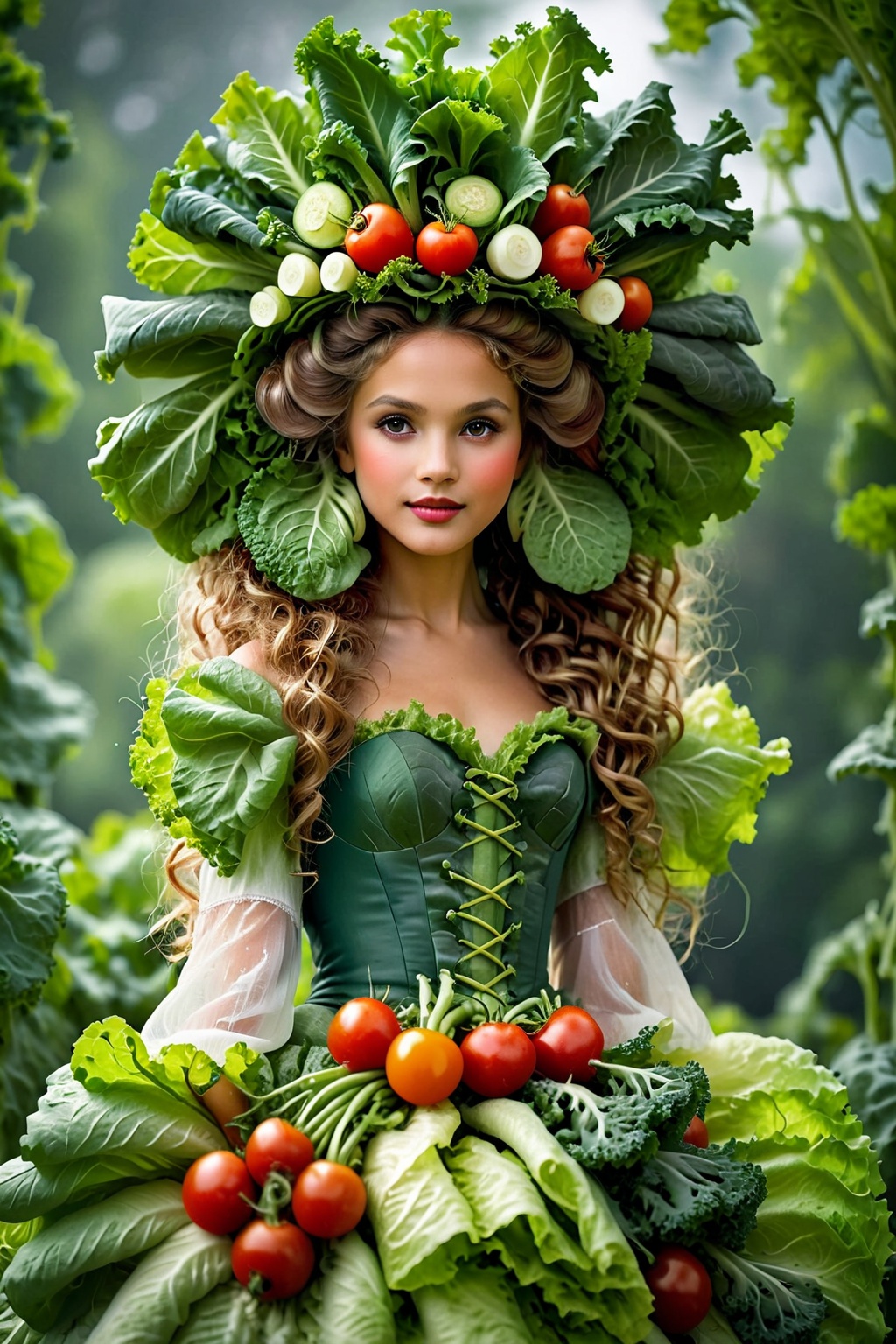 A princess made entirely of vegetables,  her gown a vibrant array of lettuce,  carrots on Tensor.Art