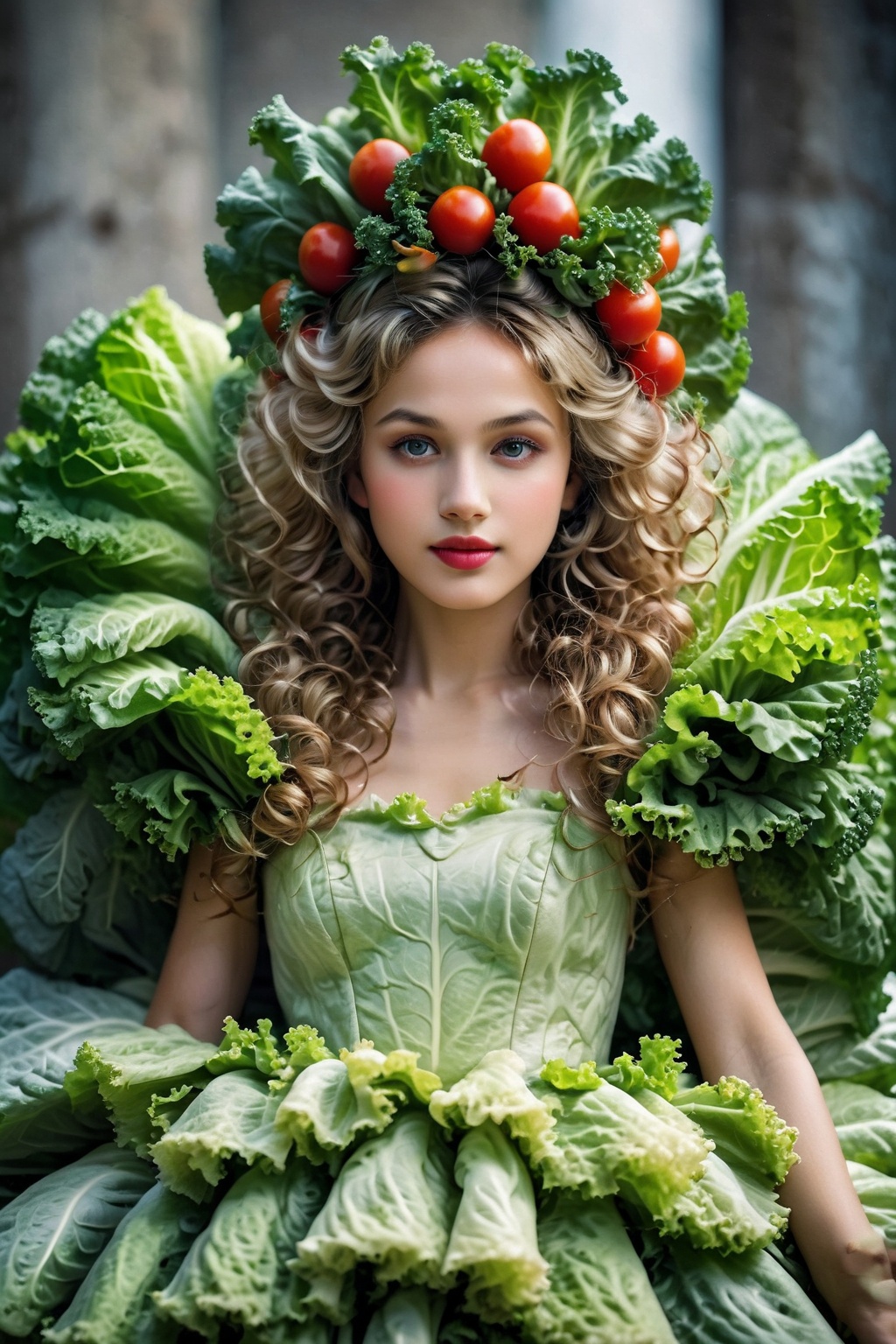 A princess made entirely of vegetables,  her gown a vibrant array of lettuce,  carrots on Tensor.Art
