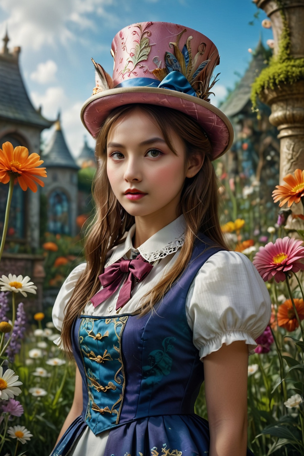 Alice in Wonderland background,  1 girl,  cladding in a colorful waistcoat and donning an whimsically decorated (top hat a...