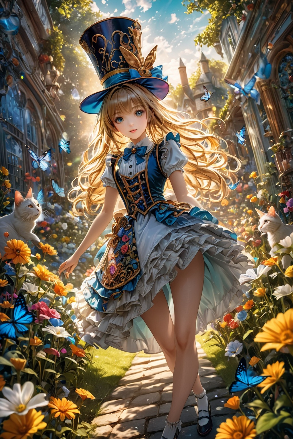 Alice in Wonderland background,  1 girl,  cladding in a colorful waistcoat and donning an whimsically decorated (top hat a...