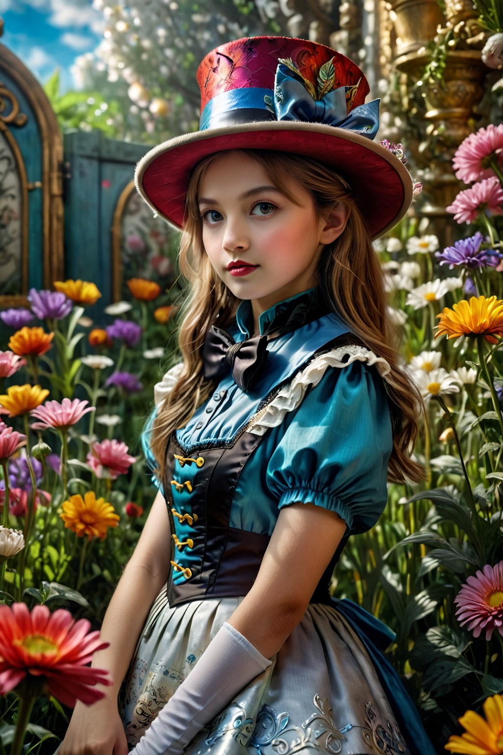 Alice in Wonderland background,  1 girl,  cladding in a colorful waistcoat and donning an whimsically decorated (top hat a...