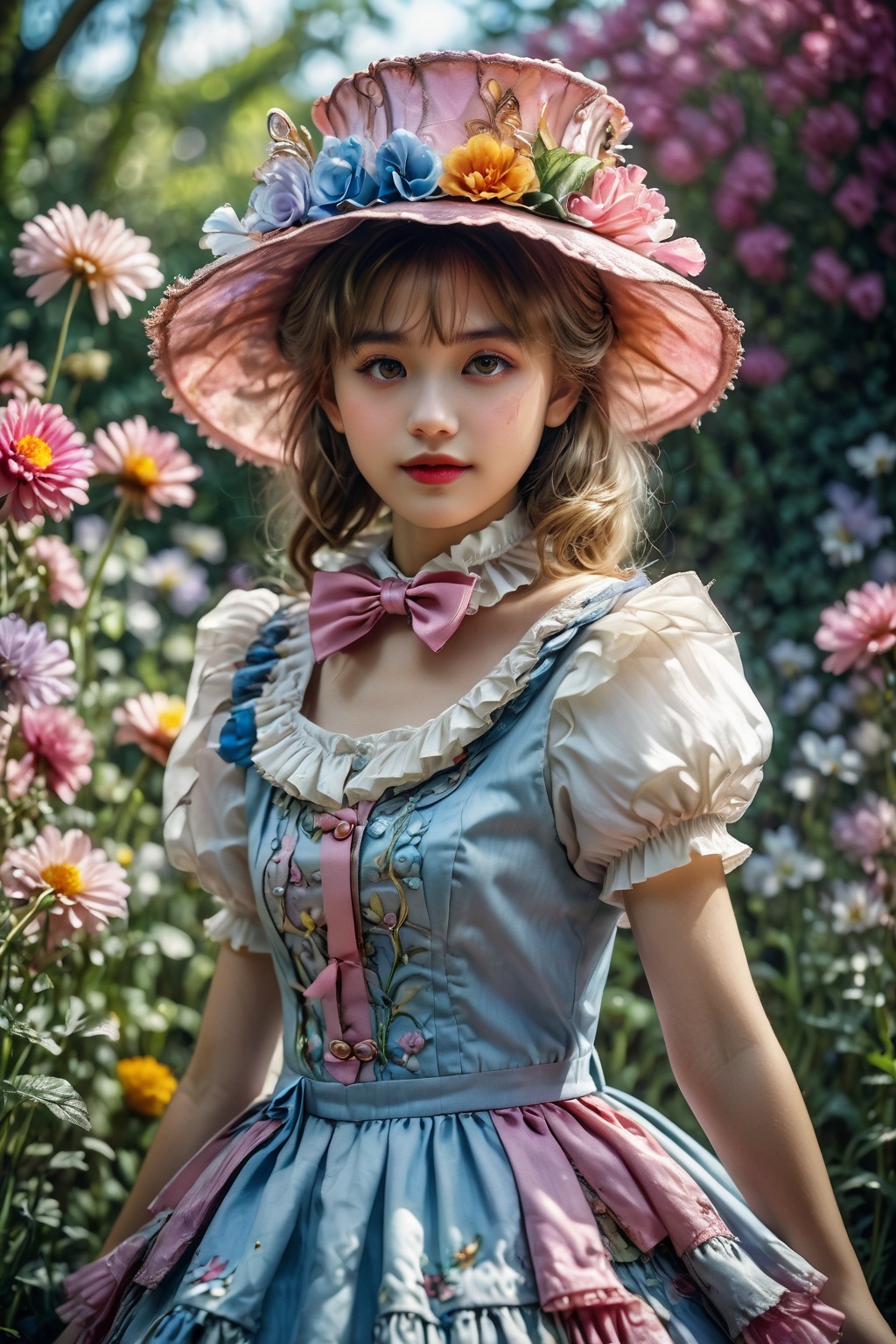 Alice in Wonderland background,  1 girl,  cladding in a colorful waistcoat and donning an whimsically decorated (top hat a...