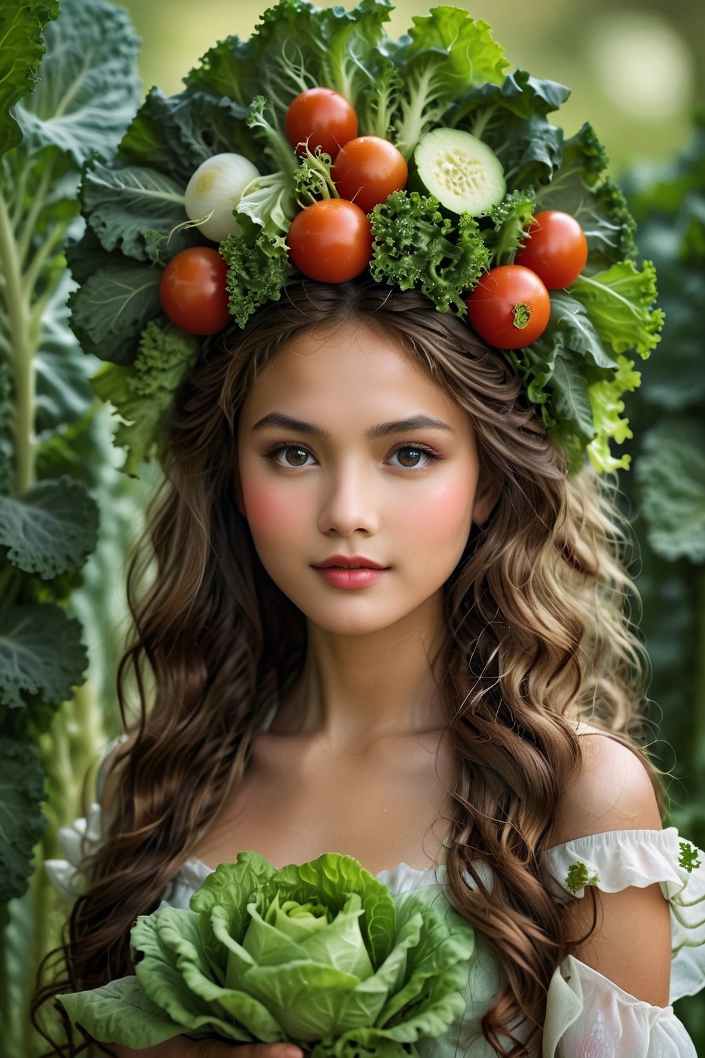A princess made entirely of vegetables,  her gown a vibrant array of lettuce,  carrots on Tensor.Art
