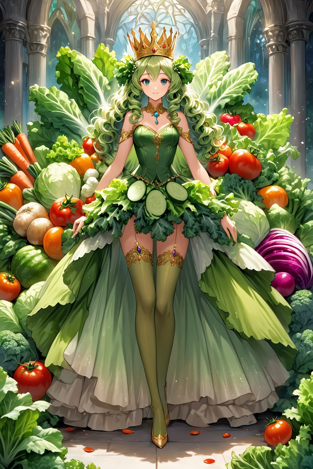 A princess made entirely of vegetables,  her gown a vibrant array of lettuce,  carrots on Tensor.Art