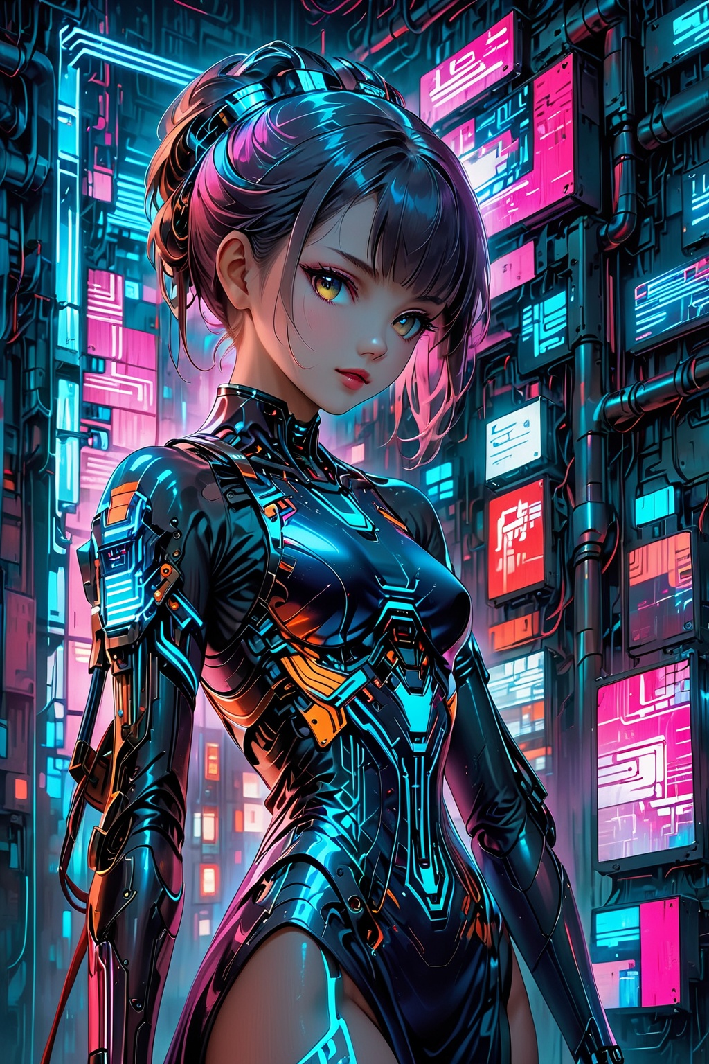In a cyberpunk fusion with traditional Japanese culture,  a young Japanese girl dons a sleek kimono contrasted by a futuri...