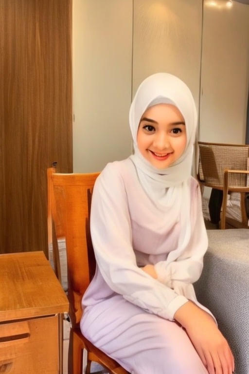 a photo of indonesian ****,  wearing white hijab,  sitting on chair on Tensor.Art
