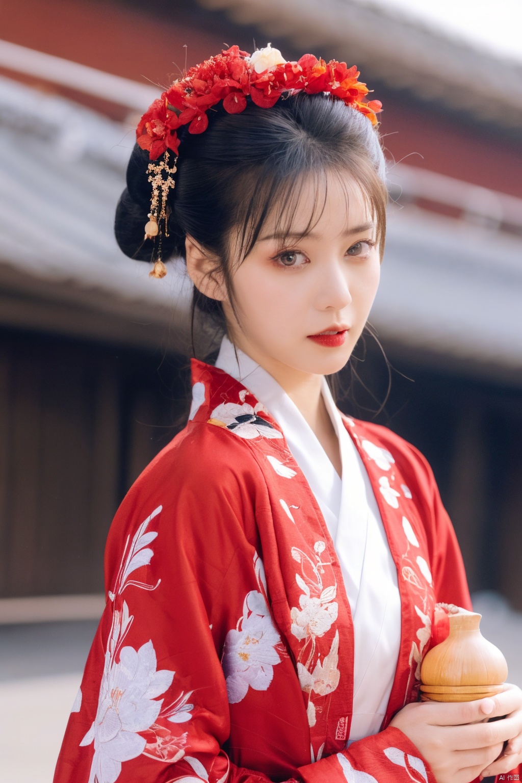 blurry, depth_of_field, 1girl, blurry_background, blurry_foreground, solo, red_lips, red_kimono, japanese_clothes, upper_body, kimono, floral_print, looking_at_viewer, flower