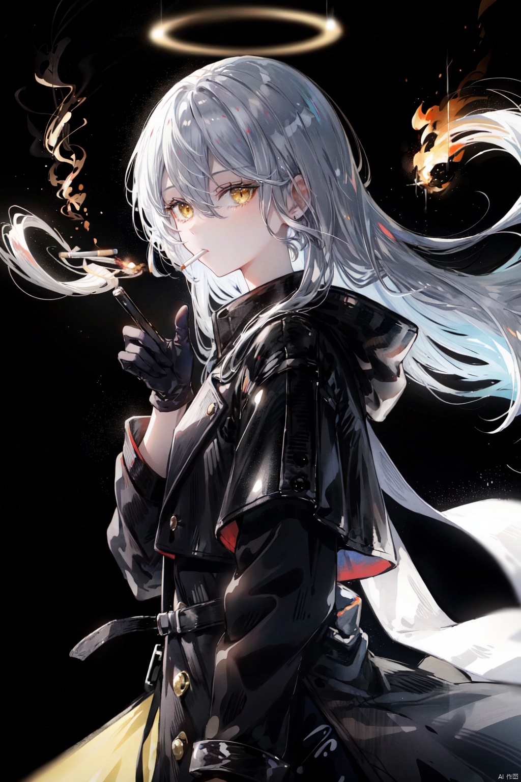 1girl, solo, halo, cigarette, gloves, long hair, yellow eyes, black gloves, smoking, looking at viewer, long sleeves, black background, hair between eyes, fire, grey hair, black coat, coat, mouth hold, floating hair, white hair, from side