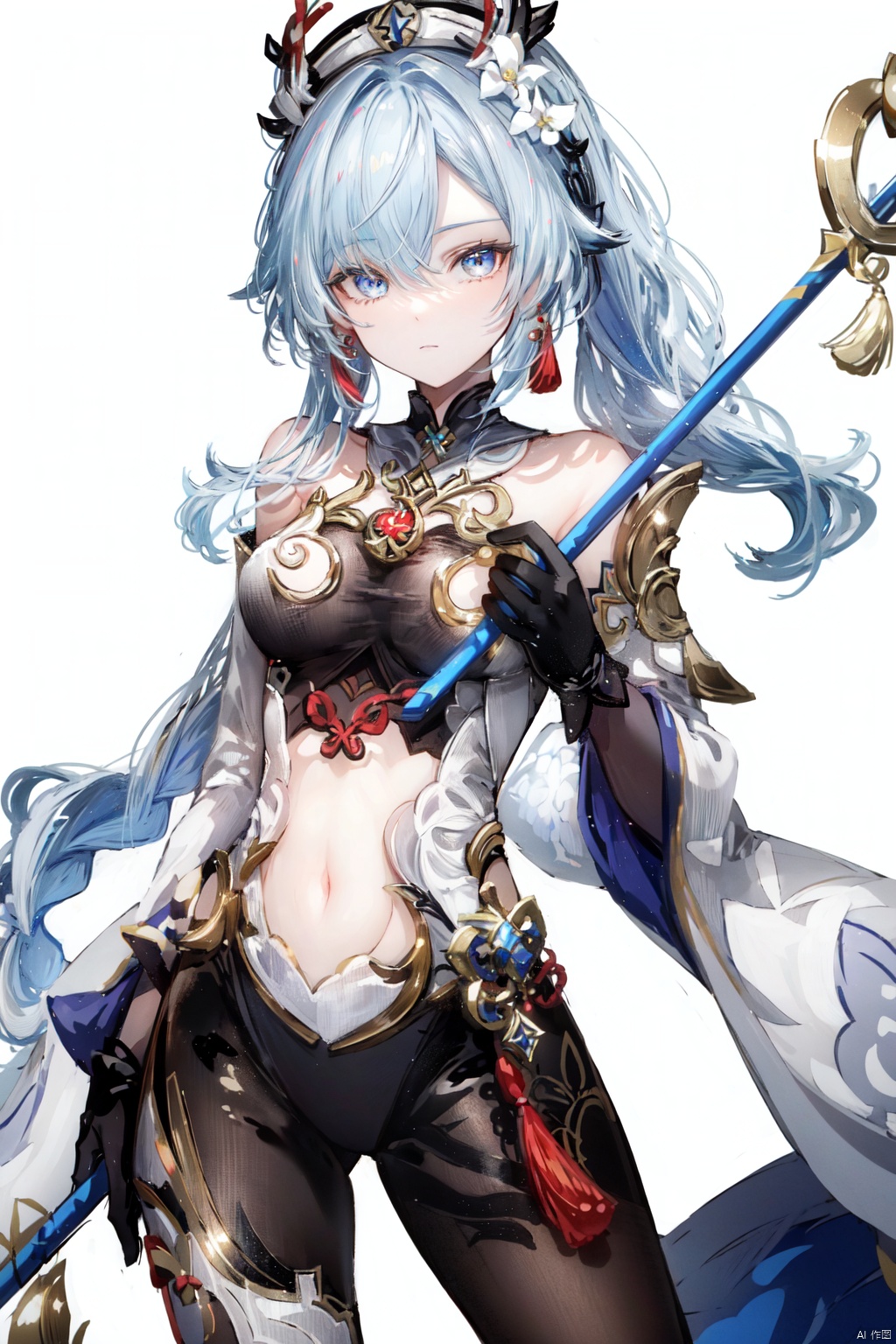 1girl, shenhe \(genshin impact\), solo, long hair, hair over one eye, blue eyes, weapon, breast curtain, looking at viewer, hair ornament, polearm, bodysuit, breasts, white background, gloves, holding weapon, tassel, holding, simple background, covered navel, hip vent, black bodysuit, white hair, tassel earrings, braid, black gloves, closed mouth, braided ponytail, shoulder cutout, bangs, bare shoulders