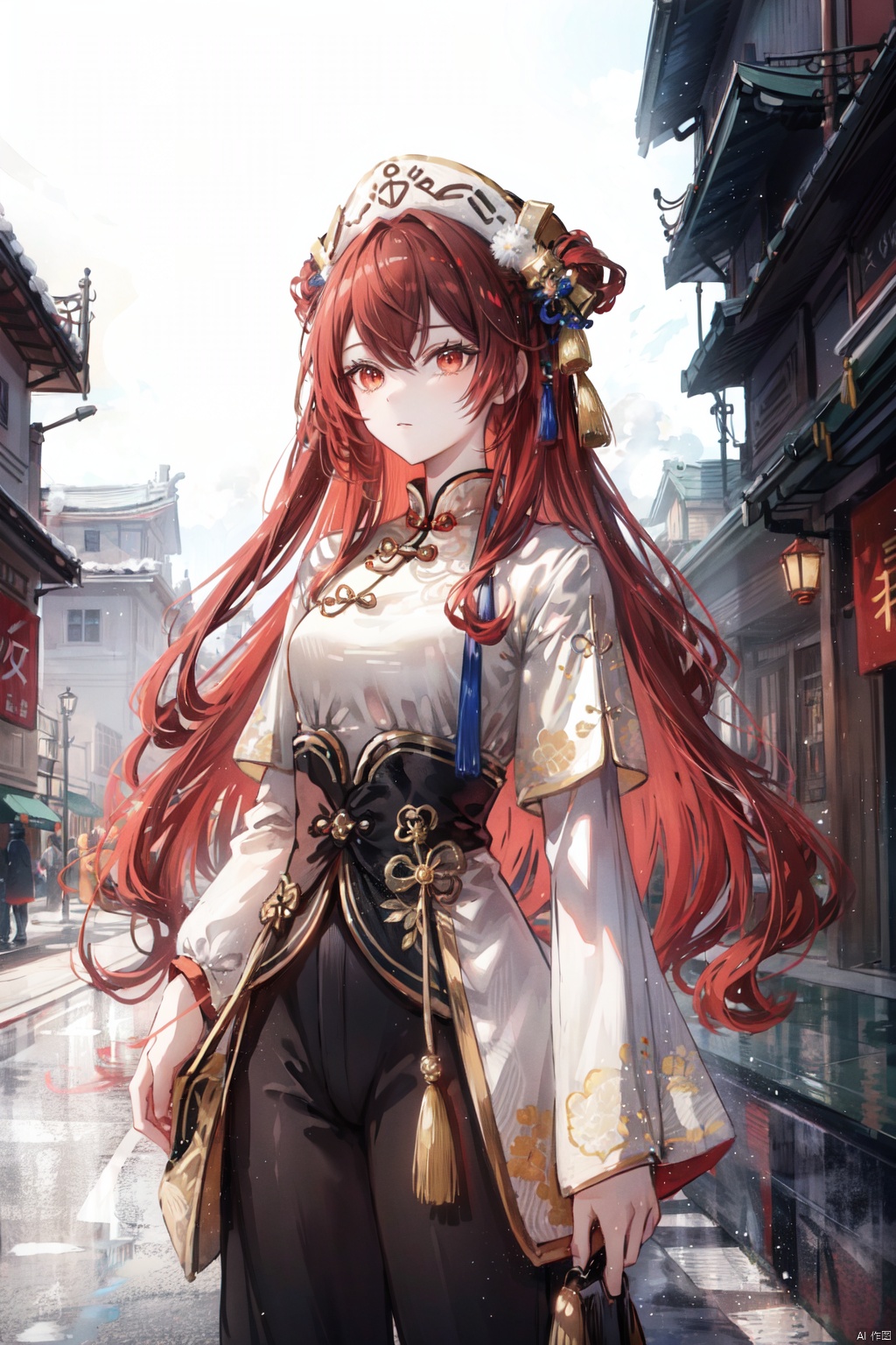 1girl, chinese_clothes, long_hair, pants, red_hair