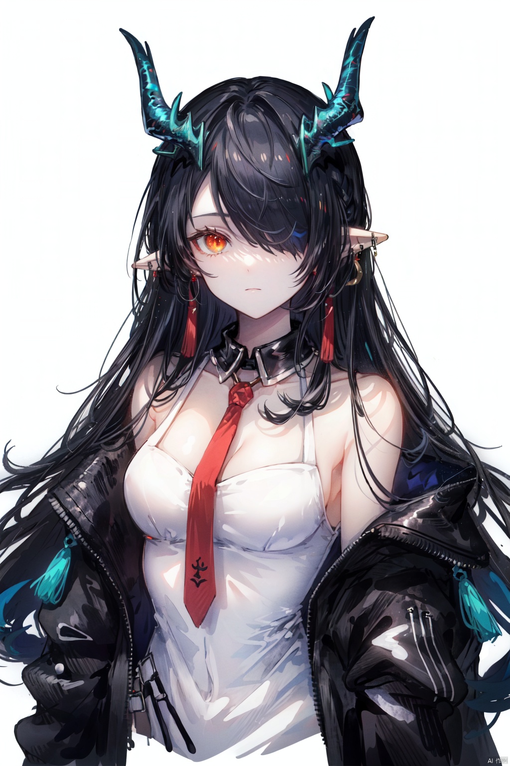 1girl, dusk \(arknights\), black hair, solo, horns, pointy ears, white background, necktie, upper body, long hair, hair over one eye, red necktie, simple background, looking at viewer, dragon horns, off shoulder, white dress, black jacket, dress, open clothes, multicolored hair, sleeveless, streaked hair, jacket, cropped torso, bare shoulders, sleeveless dress, black collar, collar, open jacket, jewelry, red eyes, earrings, ear piercing, piercing, closed mouth, tassel, tassel earrings, collared dress, orange eyes, dragon girl