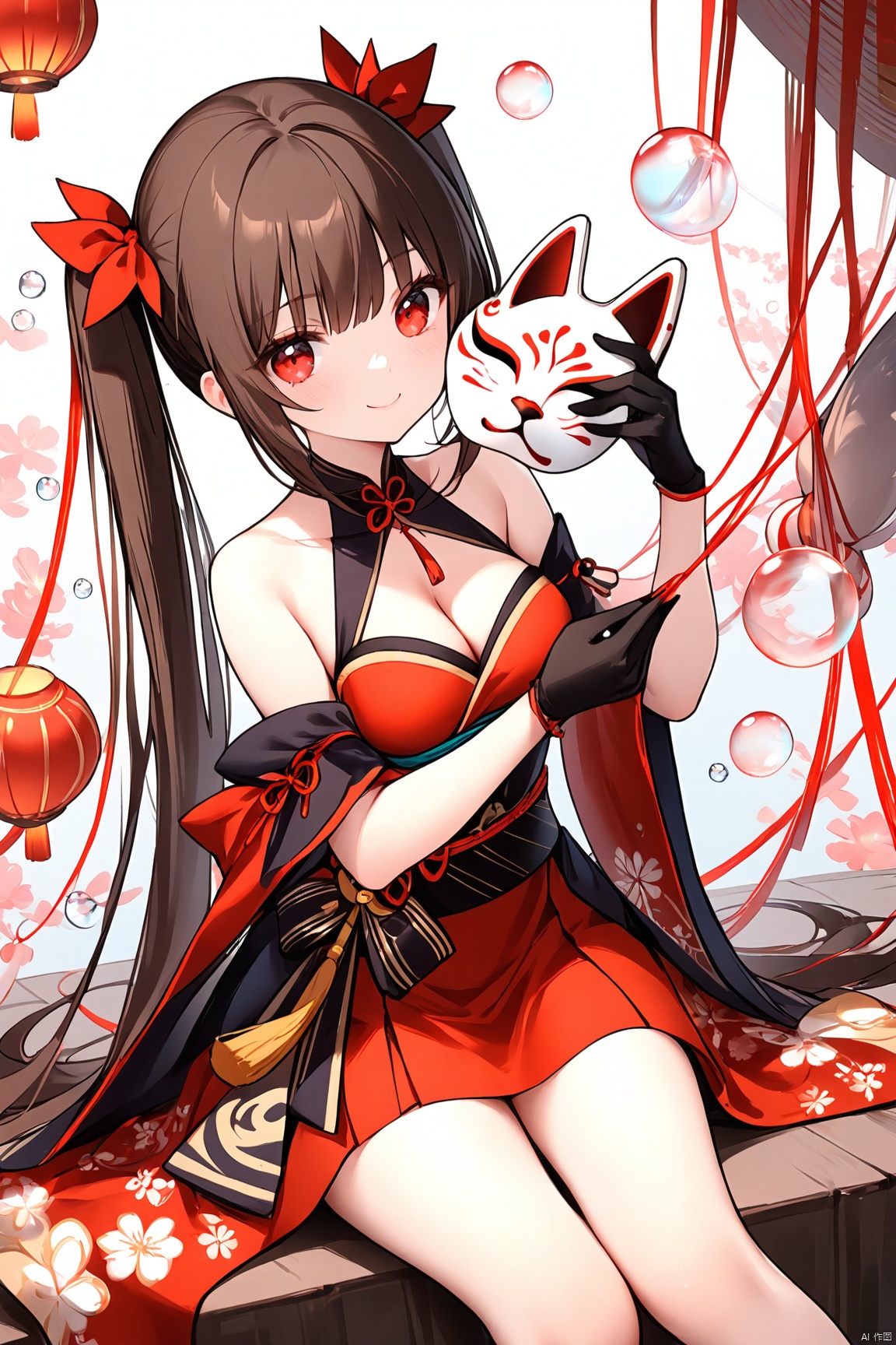 1girl, solo, long hair, breasts, looking at viewer, smile, brown hair, black hair, red eyes, gloves, dress, cleavage, bare shoulders, twintails, medium breasts, sitting, black gloves, mask, bubble, string, fox mask, holding mask