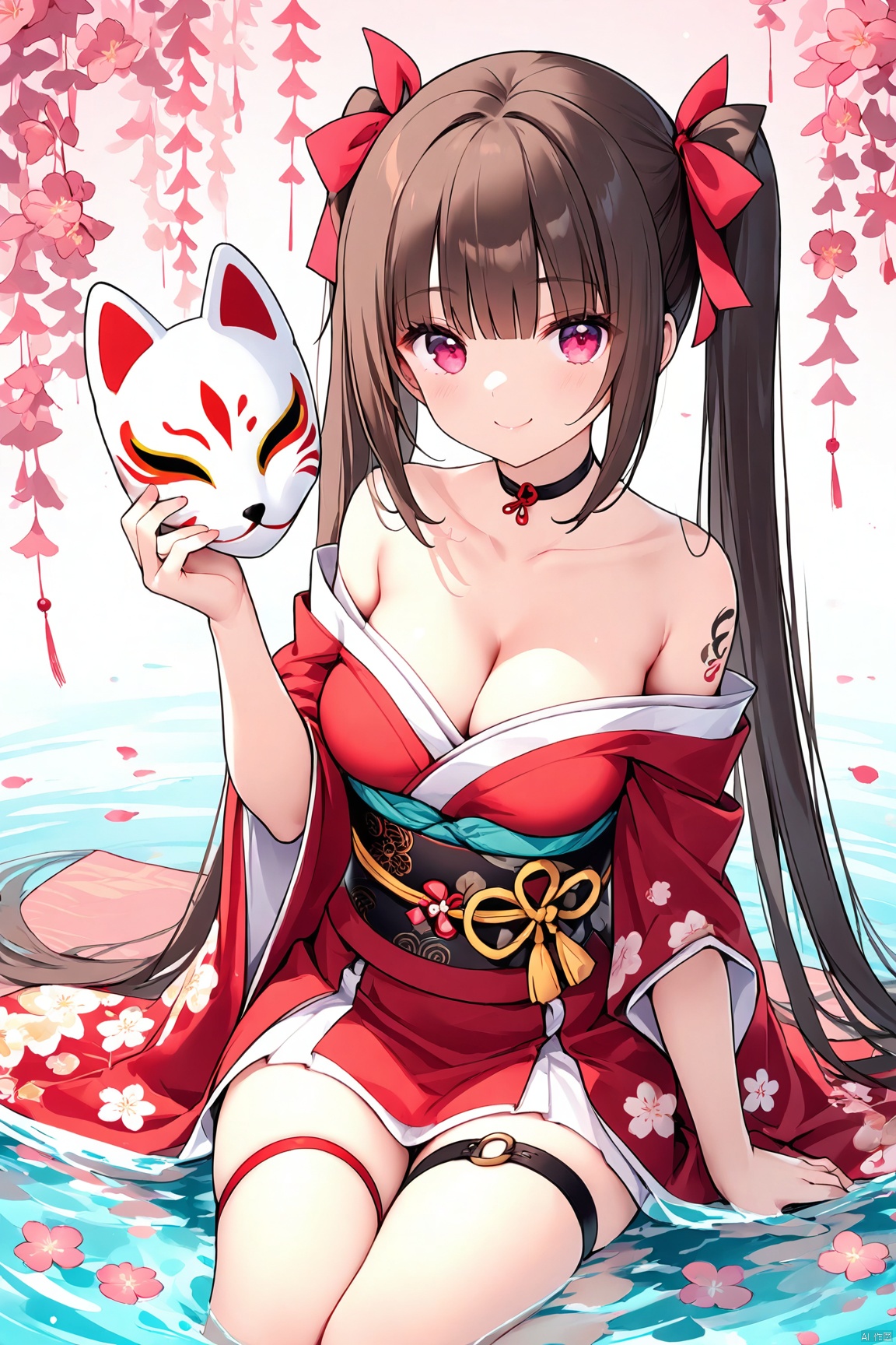 1girl, solo, long hair, breasts, looking at viewer, smile, bangs, brown hair, black hair, red eyes, dress, ribbon, holding, cleavage, bare shoulders, twintails, medium breasts, sitting, very long hair, collarbone, hair ribbon, japanese clothes, choker, pink eyes, kimono, water, sash, tattoo, thigh strap, mask, obi, red kimono, fox mask, holding mask