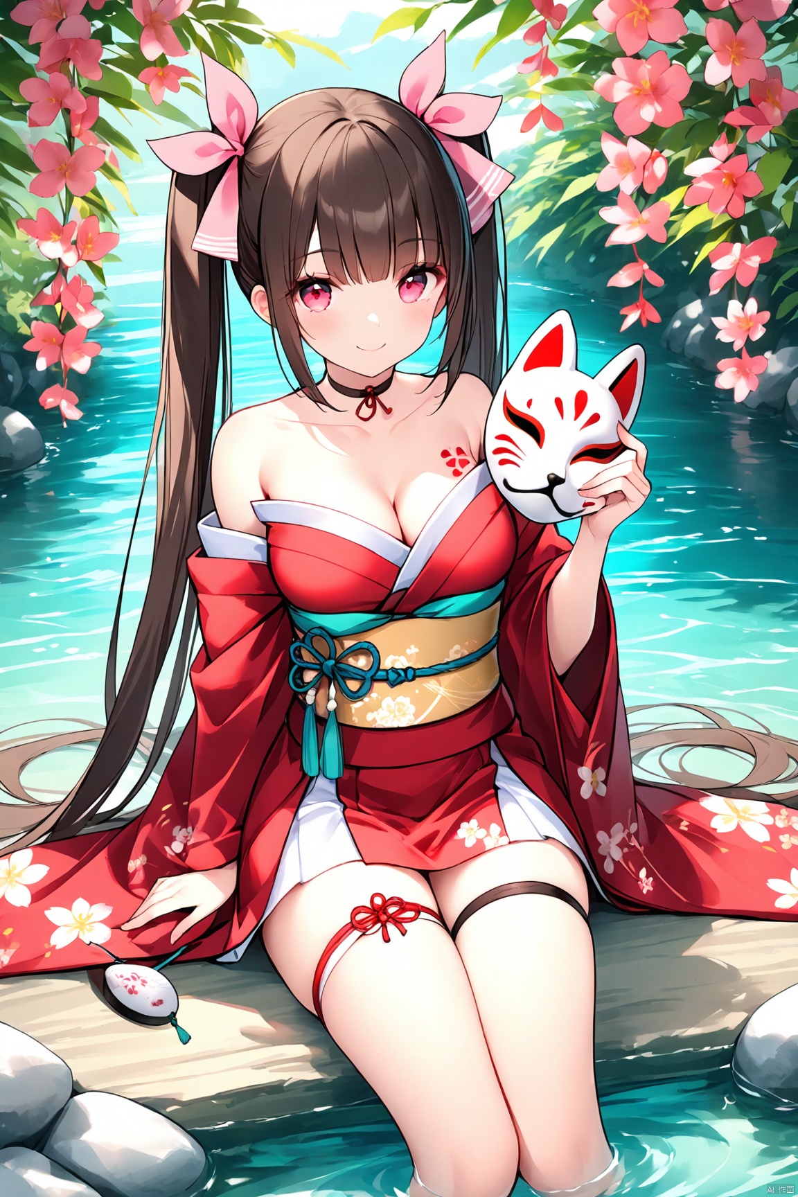  1girl, solo, long hair, breasts, looking at viewer, smile, bangs, brown hair, black hair, red eyes, dress, ribbon, holding, cleavage, bare shoulders, twintails, medium breasts, sitting, very long hair, collarbone, hair ribbon, japanese clothes, choker, pink eyes, kimono, water, sash, tattoo, thigh strap, mask, obi, red kimono, fox mask, holding mask