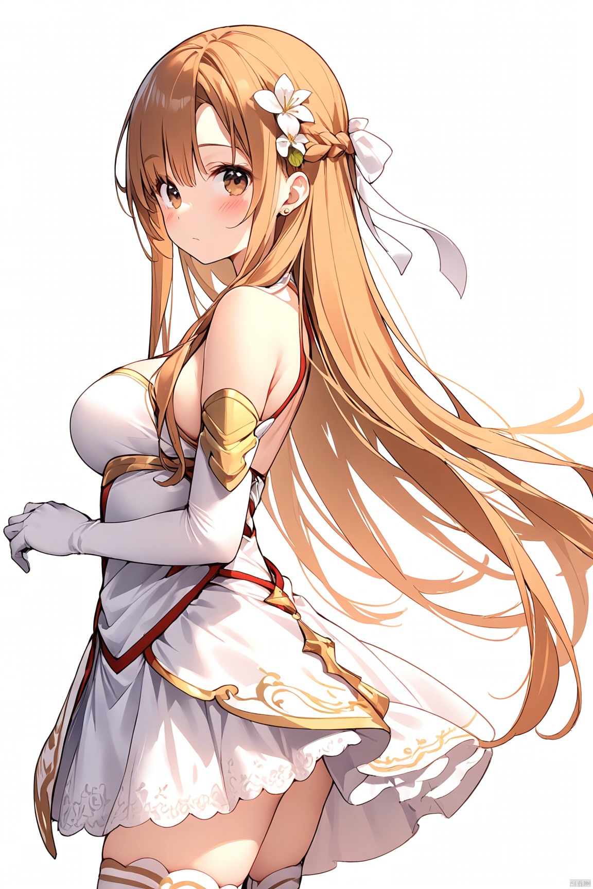 1girl, solo, long hair, breasts, looking at viewer, blush, bangs, simple background, brown hair, hair ornament, gloves, white background, dress, ribbon, bare shoulders, brown eyes, jewelry, medium breasts, closed mouth, hair ribbon, braid, flower, cowboy shot, earrings, elbow gloves, white gloves, hair flower, white dress, orange hair, armor, from side, white thighhighs, looking to the side, asuna \(sao\)