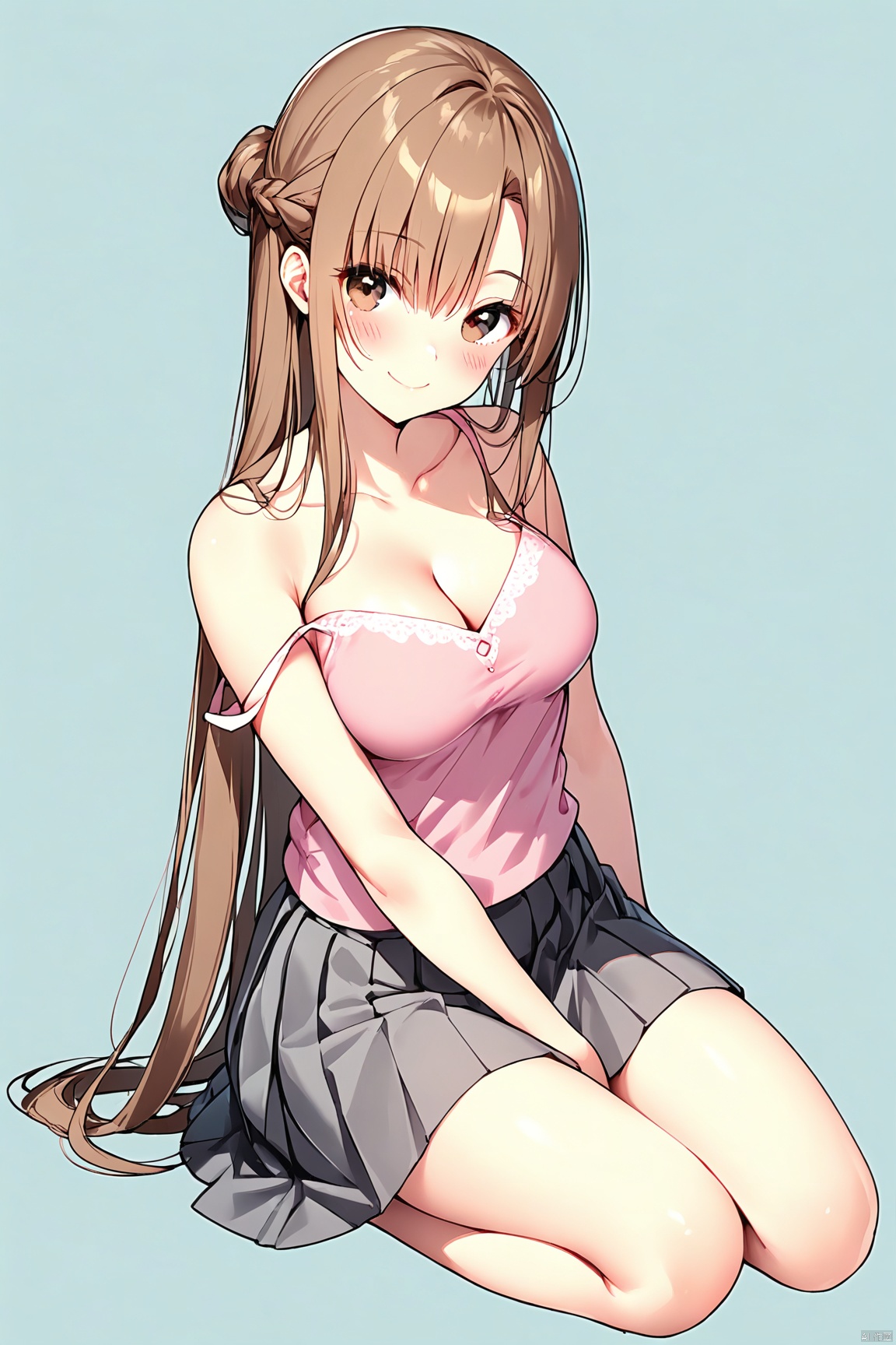 1girl, solo, long hair, breasts, looking at viewer, blush, smile, skirt, simple background, brown hair, shirt, cleavage, bare shoulders, brown eyes, medium breasts, sitting, very long hair, closed mouth, collarbone, full body, braid, pleated skirt, sleeveless, miniskirt, black skirt, strap slip, grey skirt, pink shirt, asuna \(sao\)