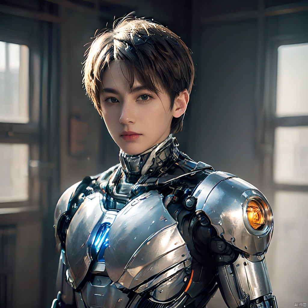 masterpiece, best quality,1 boy,jininag,Male, with short hair and silver armor, young and promising,