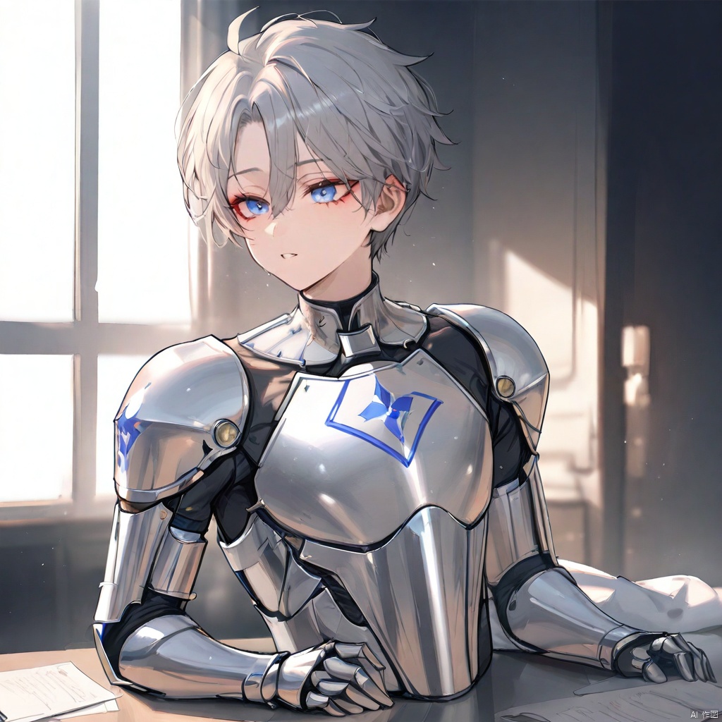masterpiece, best quality,1 boy,jininag,Male, with short hair and silver armor, young and promising,