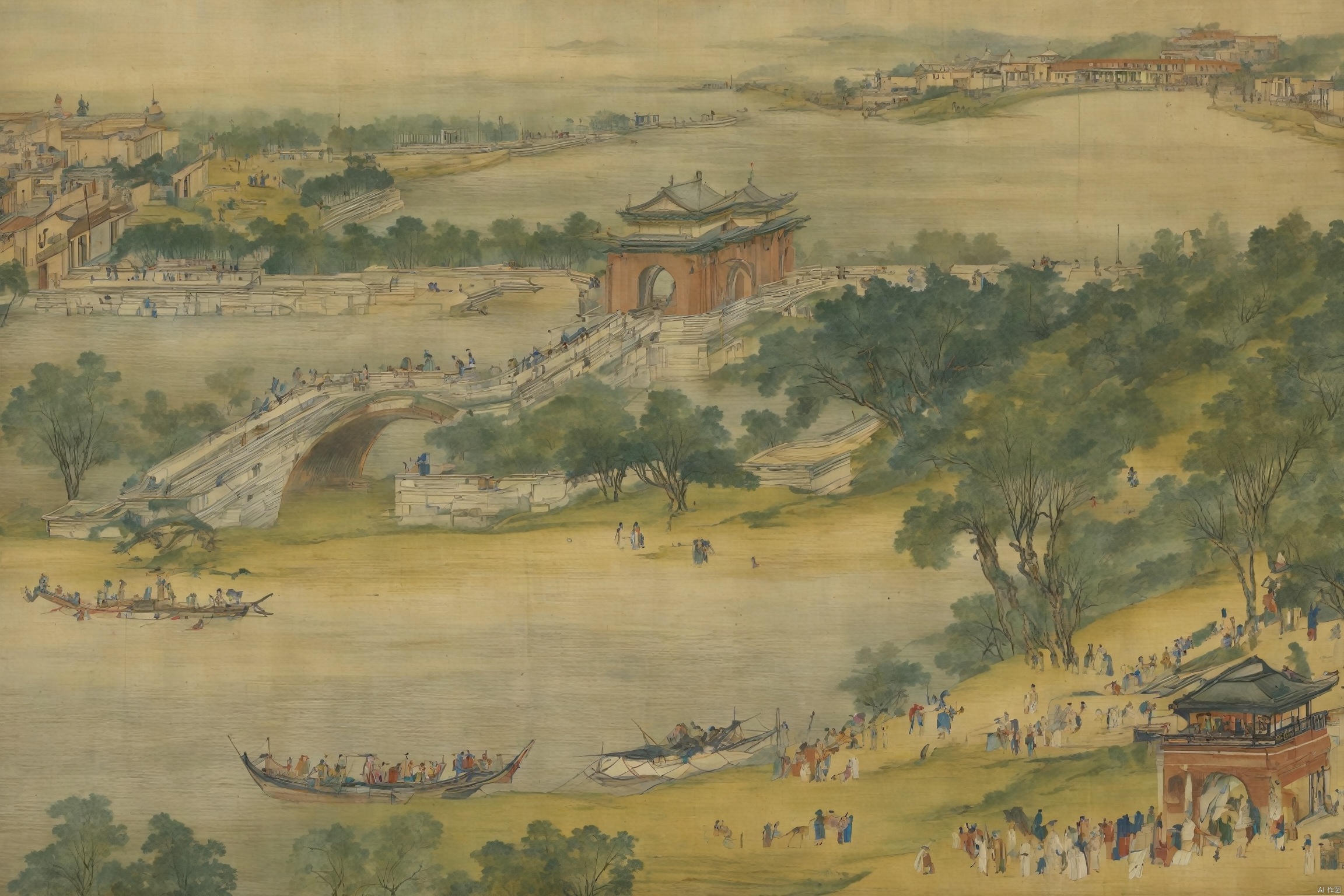 River,outdoors,water,tree,building,scenery,ancient architecture,Boat,Tree,humans,stone arch bridge,carriage,street,