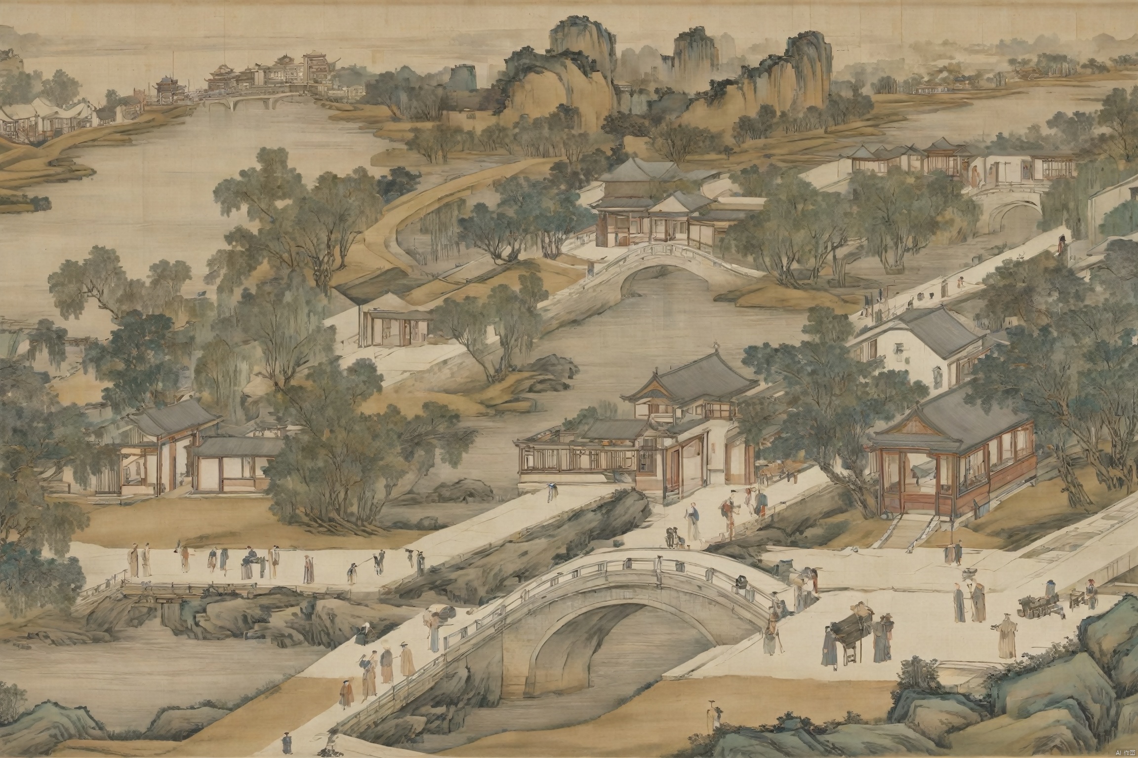 River,outdoors,water,tree,building,scenery,ancient architecture,Boat,Tree,humans,stone arch bridge,carriage,street, vector illustration, traditional chinese ink painting