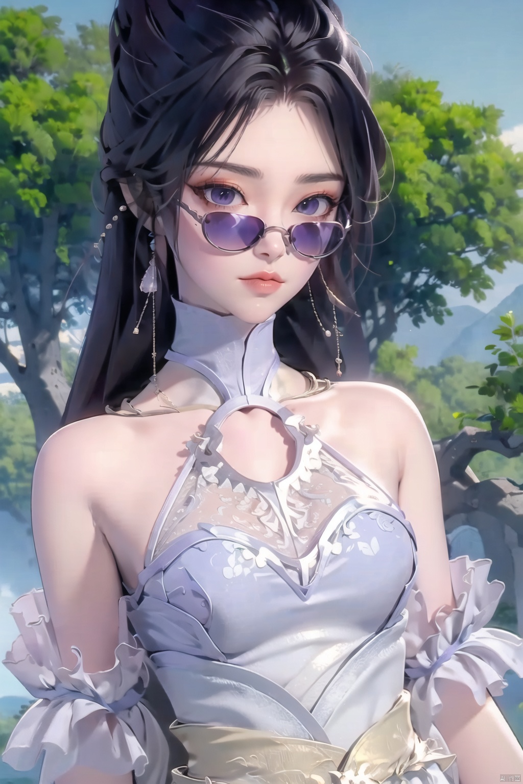  ((4k,masterpiece,best quality)), shuimobysim, traditional chinese ink painting, lotus, solo, blake hair, long hair, fox ears,look at viewer, dress,ruhua,chinese clothes,closed mouth,Mountains, trees, forests, mountains, running water,
1 girl ,solo,yuechan ,bare shoulders,jewelry, eyelashes,eyeshadow,mole , mole under eye, Toodles Galore
(purplecollar,sunglasses,eyewear,gloves:1.5)