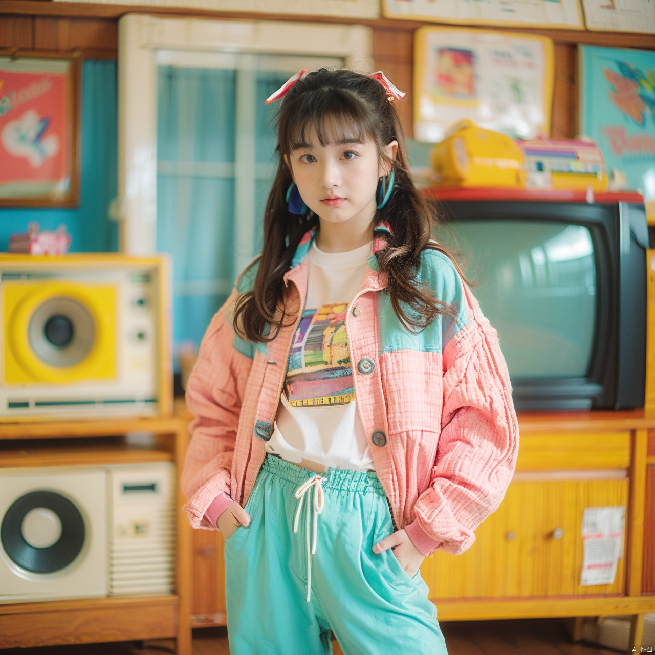  ((Masterpiece)), ((Best Quality)),80sDBA style, little girl,solo, looking at viewer, bangs, brown hair, shirt, long sleeves, ribbon, twintails, brown eyes, standing, jacket, hair ribbon, pants, blunt bangs, blurry, cosplay, blurry background, blue jacket, hands in pockets, pink pants