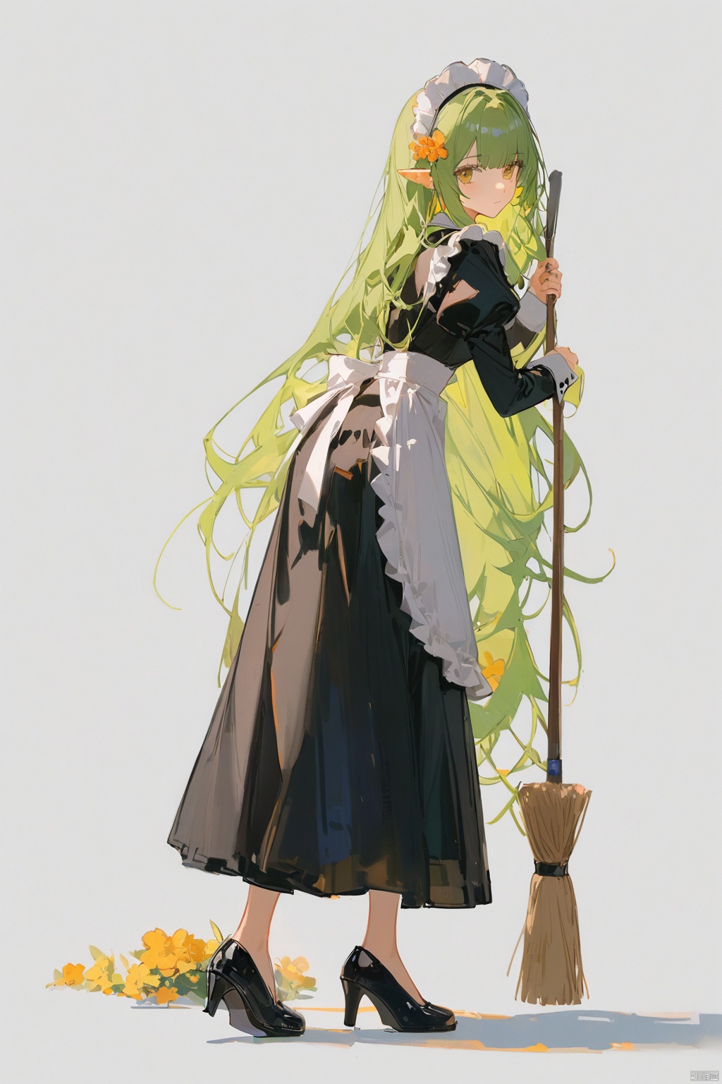  ciloranko, god light,Thick coating, 1girl, solo, long hair, looking at viewer, simple background,1girl, solo, long hair, bangs, simple background, hair ornament, long sleeves, white background, dress, holding, very long hair, standing, full body,  flower, green hair, shoes, alternate costume, pointy ears, puffy sleeves, hair flower, black footwear, apron, black dress, high heels, maid, maid headdress, leaning forward,  juliet sleeves, white apron, maid apron, broom, long dress, collared dress, sleeve cuffs, 