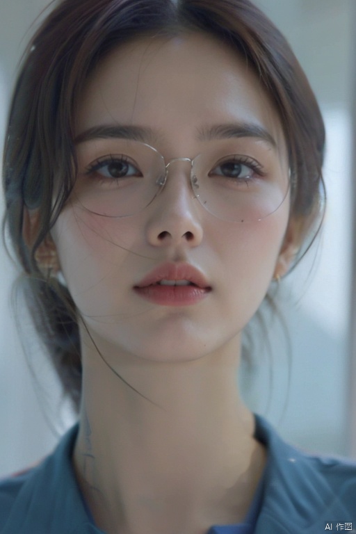  1girl, solo, long hair, blue eyes, brown hair, parted lips, glasses, teeth, lips, portrait, hologram,smiling_at_viewer, yangmin,
