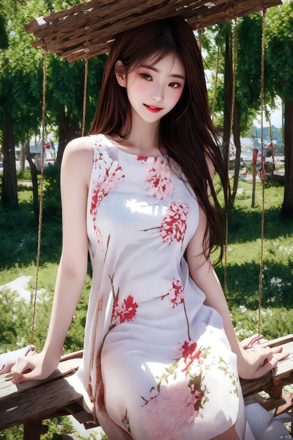 1girl, solo, long hair, looking at viewer, smile, brown hair, dress, jewelry, sitting, outdoors, sleeveless, day, necklace, white dress, tree, lips, floral print, swing